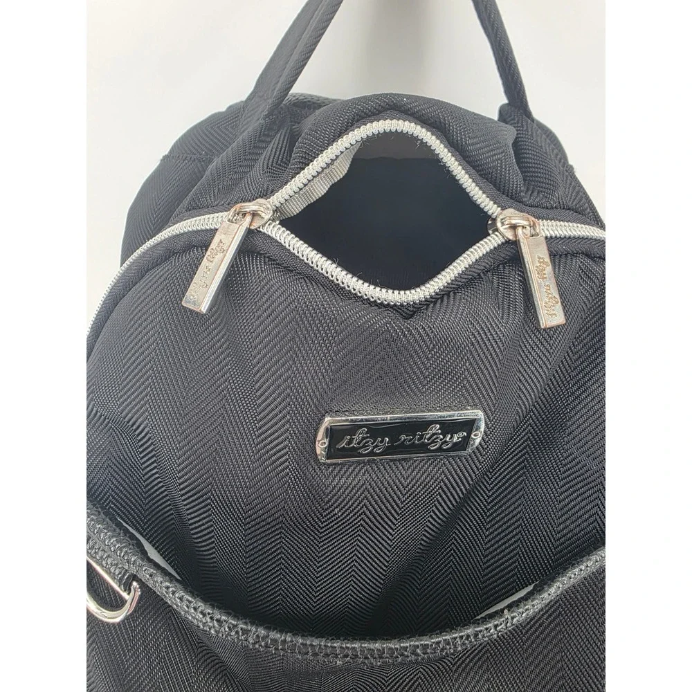Itzy Ritzy Boss Backpack Diaper Bag Black Herringbone Silver Hardware